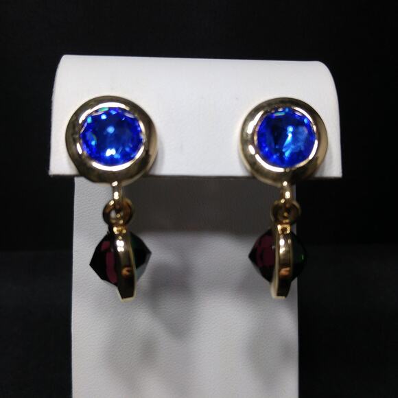 Swarovski Gold Plated Drop Earrings, Blue Green Purple Crystals, 1990s Swan Logo - Picture 6 of 10